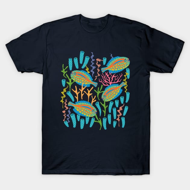 TROPICAL ZONE Coral Reef Fish Undersea Ocean Sea Creatures in Bright Colours on Dark Teal Blue - UnBlink Studio by Jackie Tahara T-Shirt by UnBlink Studio by Jackie Tahara